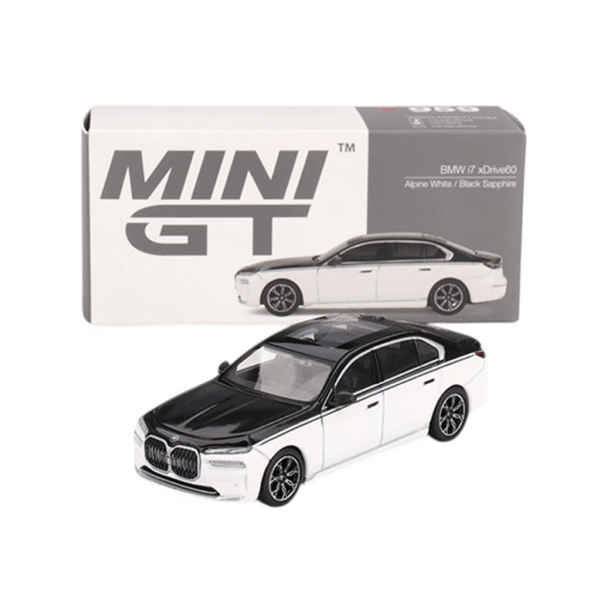 BMW i7 xDrive60 Alpine White/Black Sapphire 2024 (LHD) Mini GT Makedonija 3
